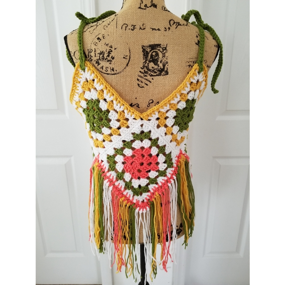 Fringed crop top granny squares boho hippie crochet Festival Party Funky - Picture 8 of 9